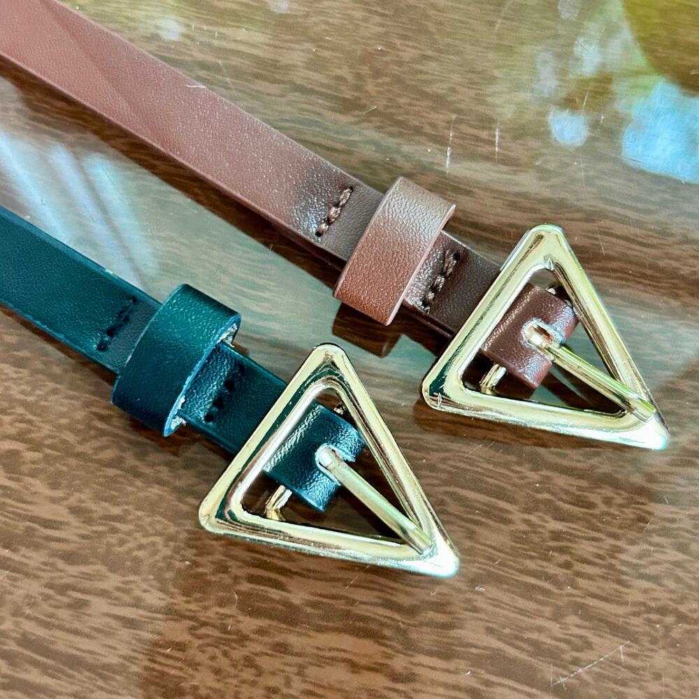 Set of 2 Skinny Belts โ Brown & Black with Gold Triangle Buckles โ 43โ Length